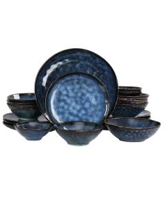Elama Lucca 20 Piece Round Stoneware Triple Bowl Dinnerware Set in Reactive Glaze Blue